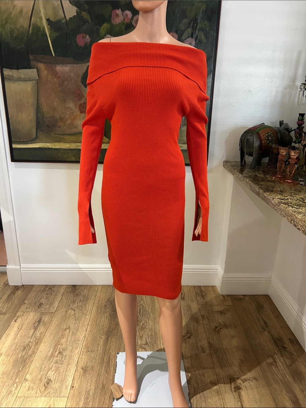 Edition Mo&Co red ribbed off the shoulder knit dress